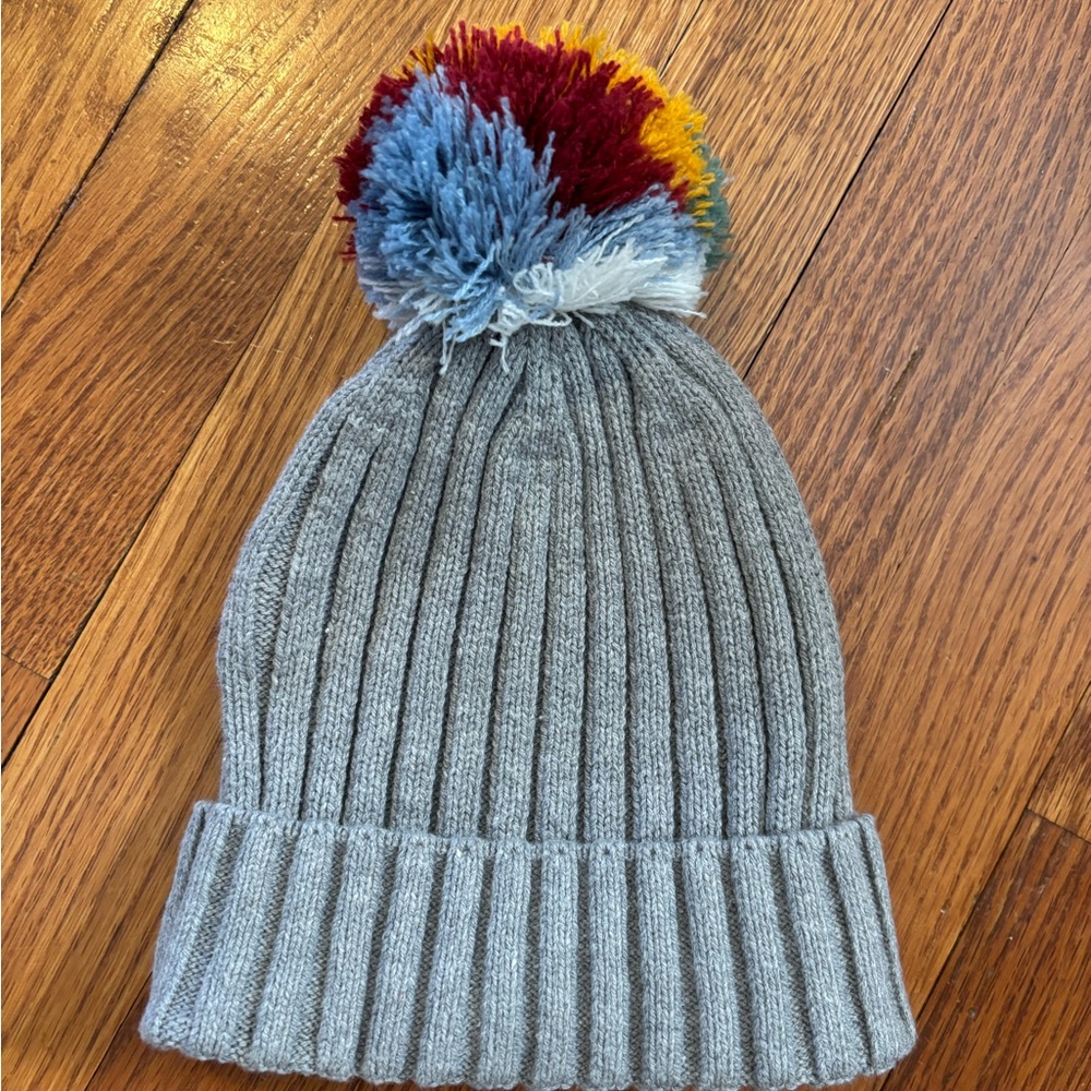 Hanna Andersson Gray Knit Beanie with Multicolor Pom-Pom